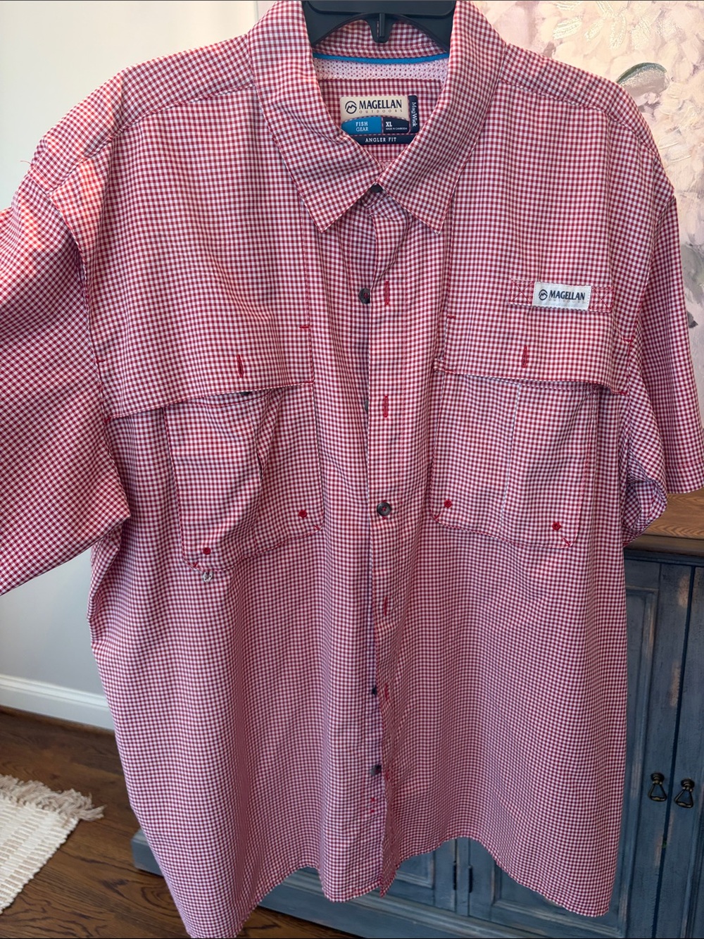 Magellan Outdoors Men’s Red and White Gingham Short-Sleeve Button-Down Shirt